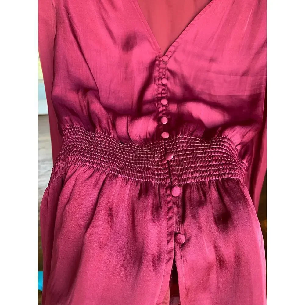 Banana Republic Satin Peplum Blouse Smocked Feminine Quiet Luxury Glam Parisian